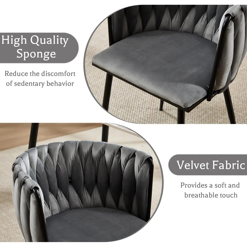 Velvet Upholstered Dining Chairs Set of 6 Woven Kitchen Leisure Armchair Modern Accent Powder-Coated Black Legs Grey, Customized