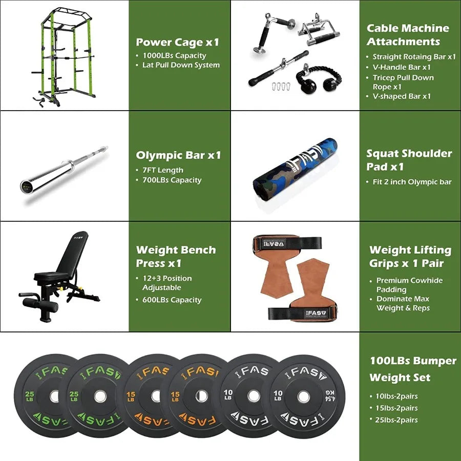 100lb Green Home Gym Set Multi-functional Power Cage Home Adjustable Pullup Squat Rack 1000Lbs Capacity Comprehensive Fitness B