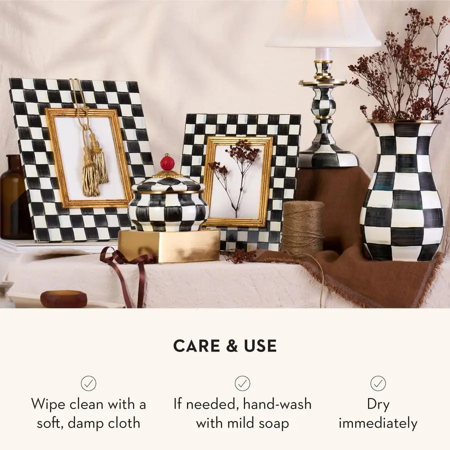 Tall Enamel Vase, Unique Flower Vase, Decorative Table Decor for Living Room, BlackandWhite Courtly Check