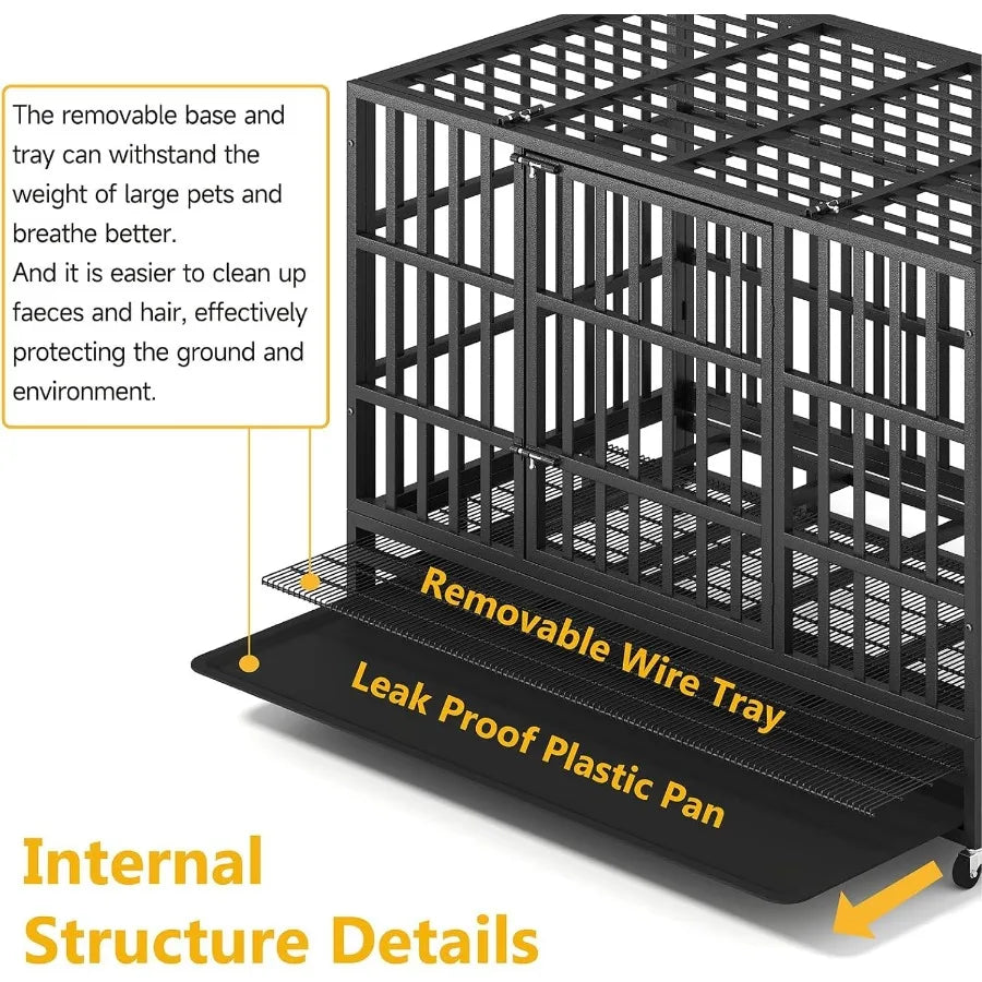 48/42/38 Inch Heavy Duty Indestructible XL Dog Crate Steel Escape Proof Indoor Double Door High Anxiety Cage with Wheels Remova