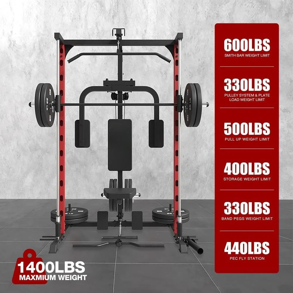 Compact Power Cage with Pulley System for Full-Body Strength Training, Home Gym Squat Rack with PEC Station and Optional Fixed