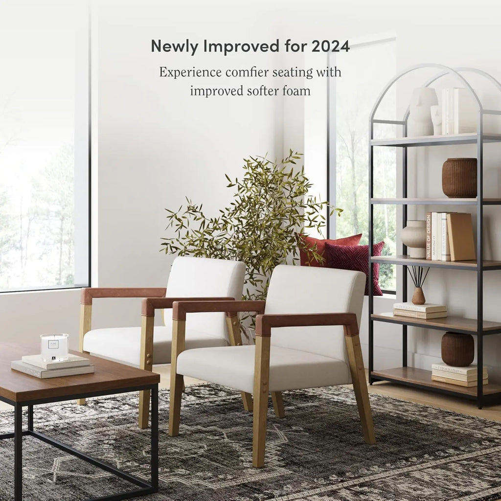 James Hudson Accent Living Room Chair, Comfy Reading Bedroom Chair, Mid-Century Wood Armchair, Upholstered Fabric and Lea