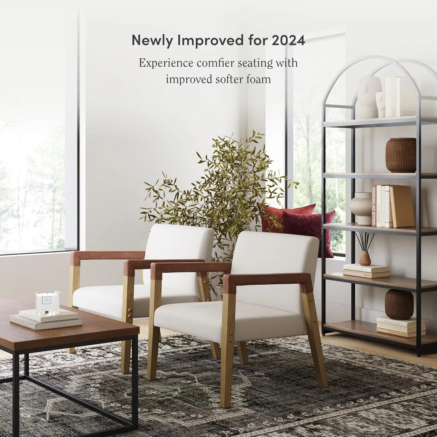 James Hudson Accent Living Room Chair, Comfy Reading Bedroom Chair, Mid-Century Wood Armchair, Upholstered Fabric and Lea