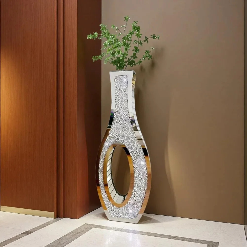 Pair of 30-Foot Tall Crushed Diamond Effect Floor Vases - Large Silver Mirrored Crystal Vases for Living Room Decor