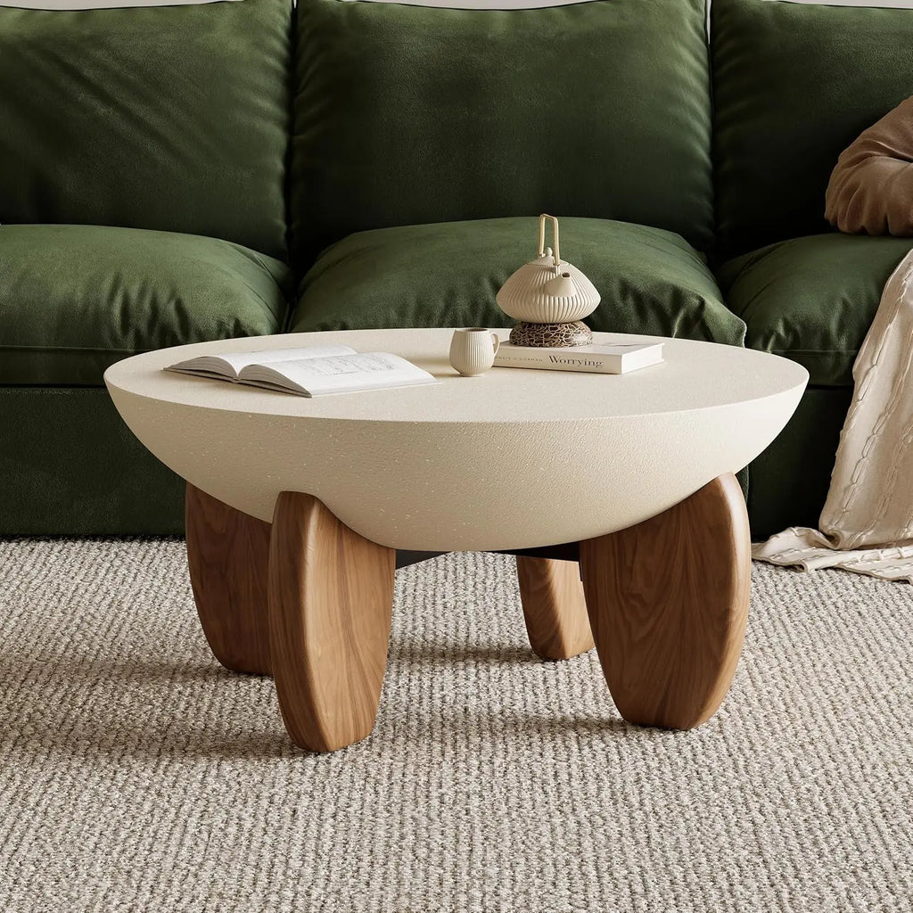 Round Concrete Coffee Table with Premium Walnut Ash Wood Legs, Modern Minimalist Cement Finish Center Table for, Customized