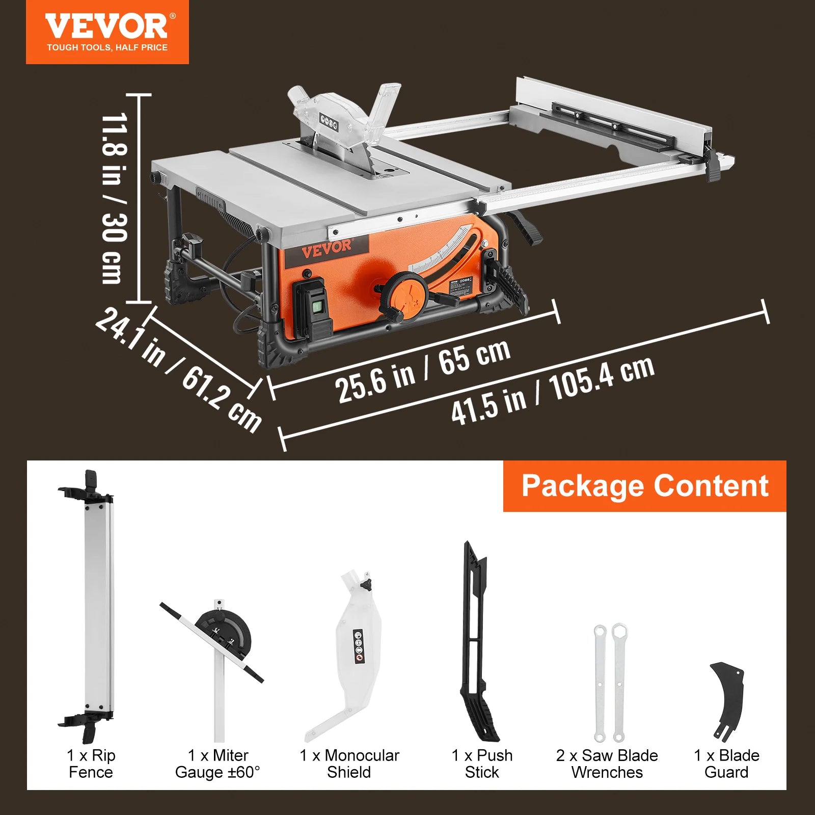 VEVOR Table Saw for Jobsite 10inch 15-Amp 25-in Max Rip Capacity 40T Blade Portable Compact for DIY Woodworking Furniture Making