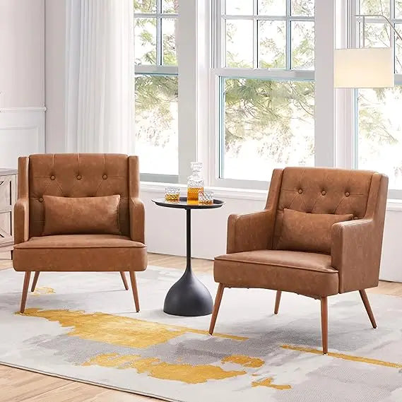 Yaheetech Accent Chair, Living Room Chair Mid Century PU Leather Armchair Lumbar Pillow, Comfy Upholstered Reading Chair Wood Le