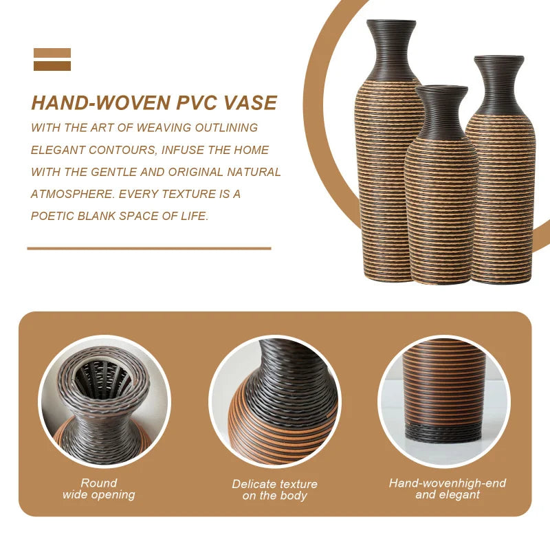 Set Of 3 Hand-Woven PVC Rattan Floor Vases 27.56in 23.62in 19.69in Tall Brown Striped Decorative Vases For Farmhouse Style USA