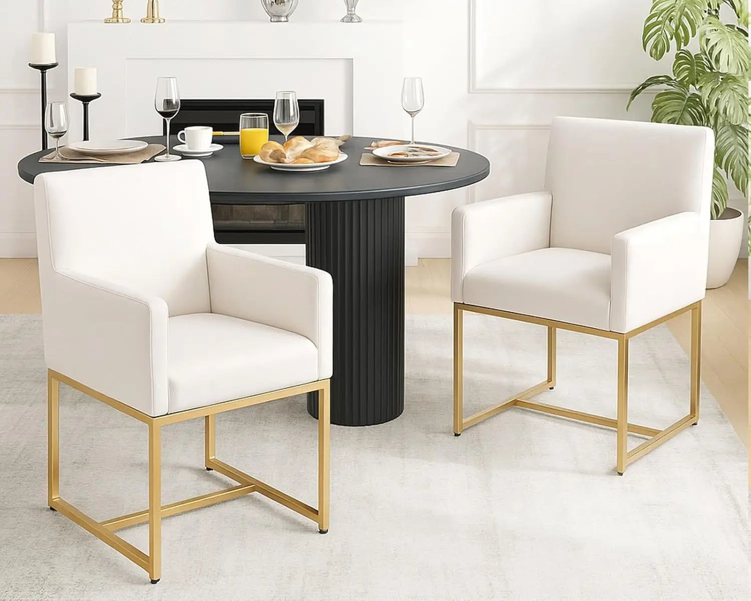 Mid Century Modern Upholstered Dining Chairs with Arms Set of 2, Linen Accent Black Finish Metal Frame, 19'' Wide Arm for Living