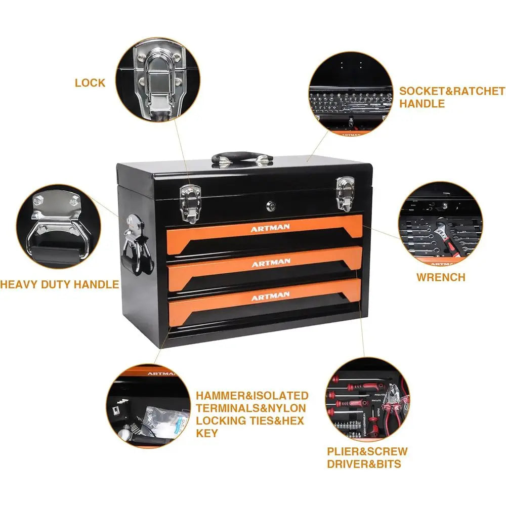 439-Piece Mechanic Tool Set in Heavy-Duty 3-Drawer Steel Box with 4-Tier Socket, Wrenches & Pliers. Portable Household Tool Kit