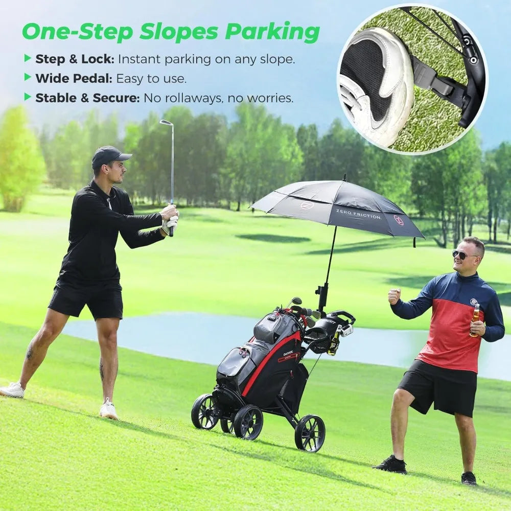4 Wheel Golf Push Cart: Lightweight Compact Folding Golf Trolley, Pull Behind Manual Golf Caddy with Cup, Phone & Umbrella