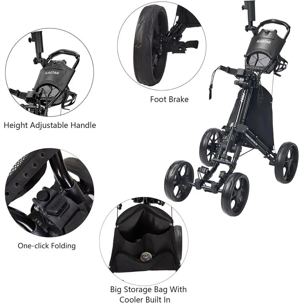 Push Cart 4-Wheels, Folding Golf Cart, Golf Pull Cart with Cup Holder, Umbrella Holder, Cooler Bag, Foldable with one-Click, Han