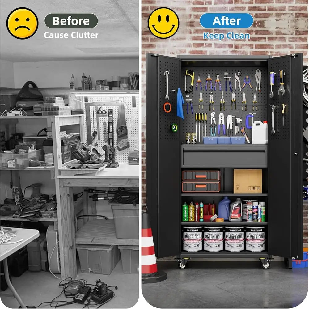 71 Metal Garage Storage Cabinet with 16 Hooks, Pegboards, and Adjustable Shelves, 1 Rolling Tool Cabinet for Garage or Warehouse