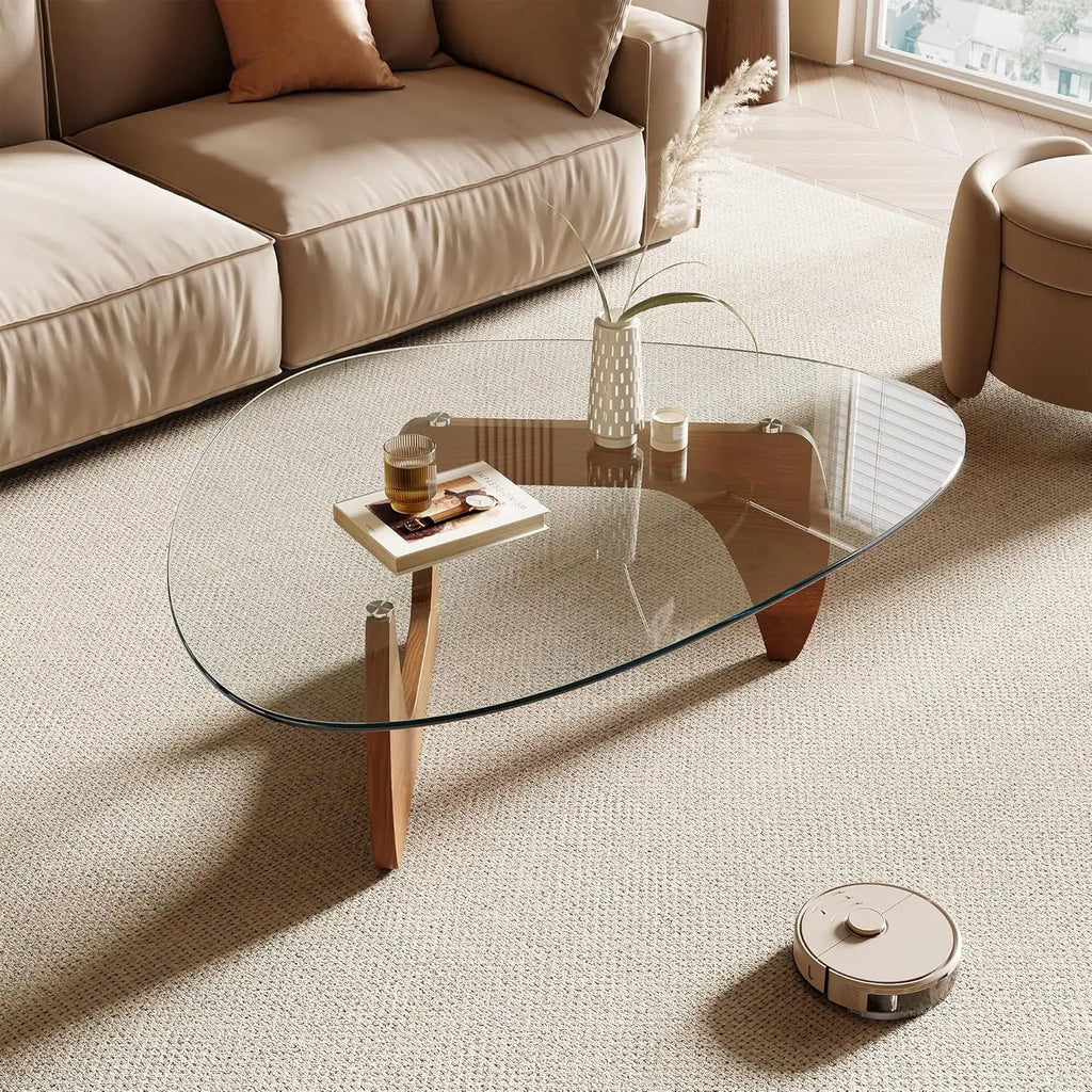Morden Coffee Table, 42.5" x 28.5" x 16.1" Triangle Tempered Glass Top for Living Room, Color: Natural Wood