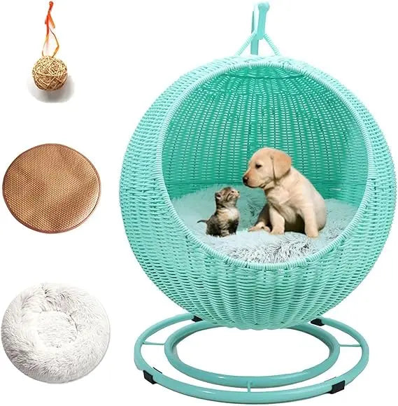 Handwoven Hanging Cat Hammock with Removable Cushion for Patio, Outdoor Pet Cat Bedding, Hanging Kitten Bed Green