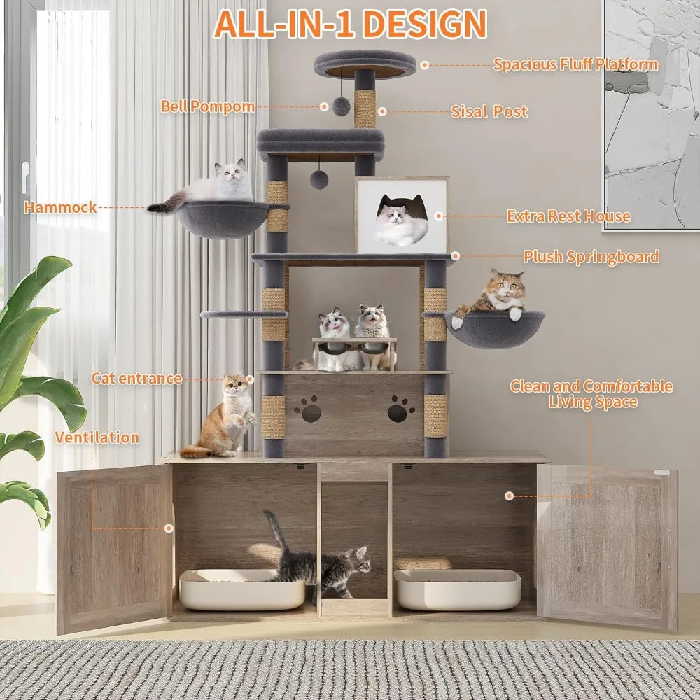"two-tier cat tree with dual litter box huts, comprehensive cat tower, feline condo featuring sisal scratching posts, hanging be