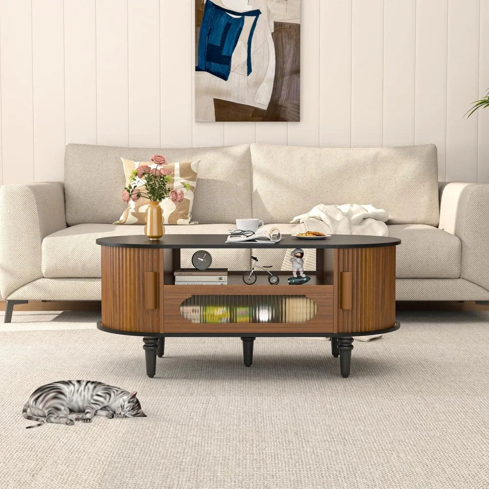 Fluted Round Coffee Table with Storage, Modern Oval Coffee Table with Drawer, Sliding Door, Low Small Center Tables for Living R