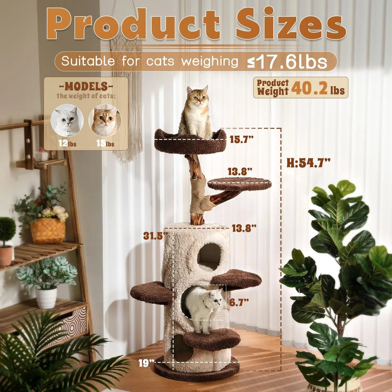 Modern Cat Tree for Indoor Cats,54.7'' Tall Luxury Treehouse Cat Tower with Wood Scratching Posts for Decoration,3, Customized