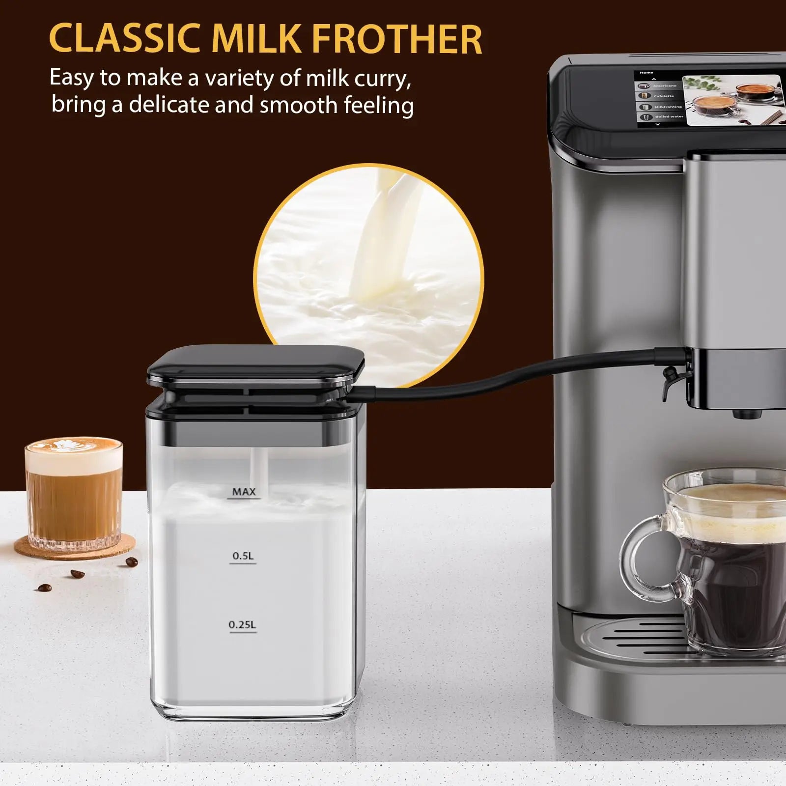 20-Bar Fully Automatic Espresso Machine Double Boiler Auto-Cleaning LCD Touch Automatic Milk Frother For Coffee Lovers