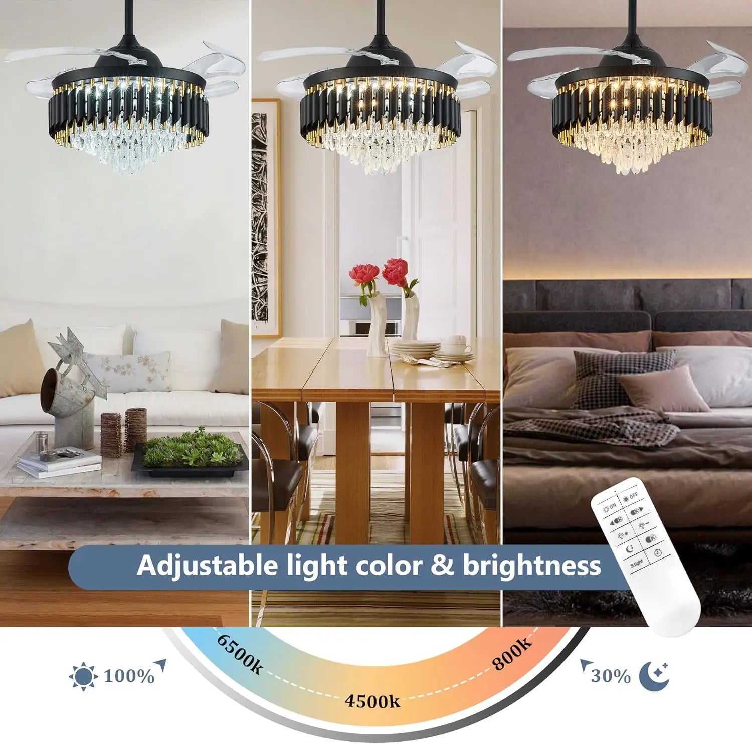 42 Inch Dimmable Crystal Ceiling Fans with Light Modern Chandelier Fan LED Fandelier with Remote 6 Speed, 3 Light Change Retract