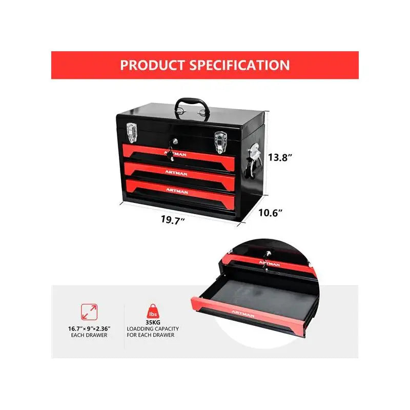 3-Drawer Tool Storage Box for Organizing Hand Tools and Accessories