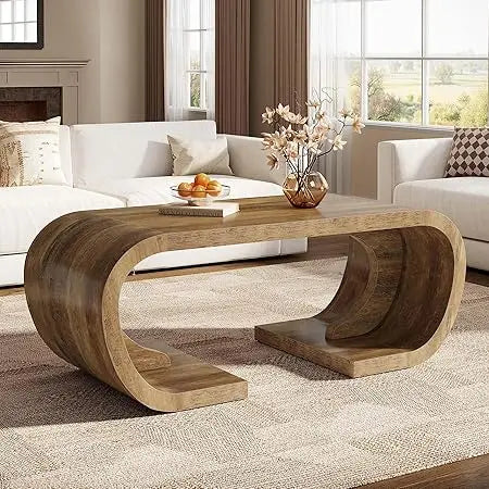 Farmhouse Coffee Table, 47" Heavy Duty C-Shaped Center Table with Curved Base, Large Tea Table for Living Room, Entertainment R