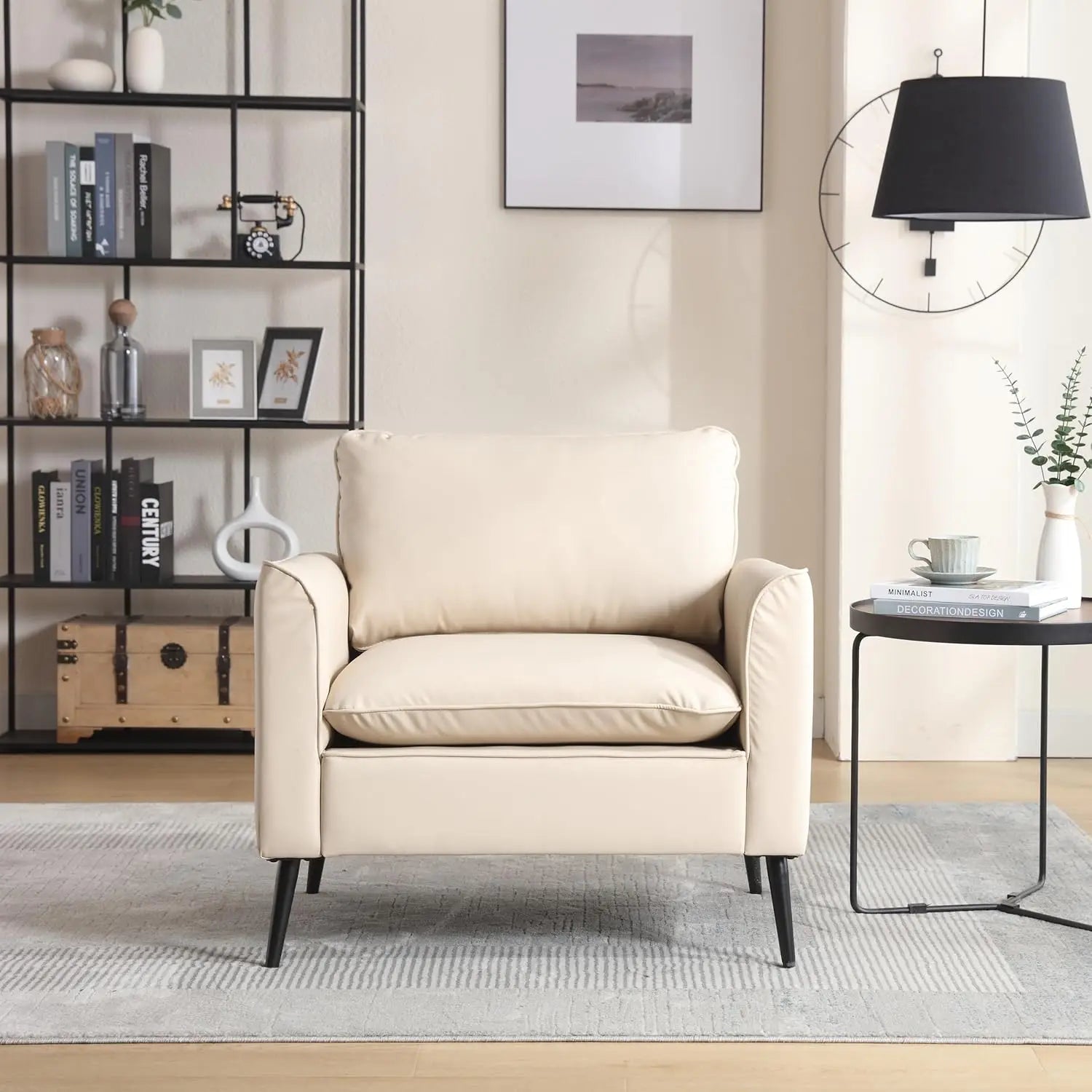 Mid-Century Accent Chair PU Leather Metal Legs Bedroom Office Cafe Beige Customized