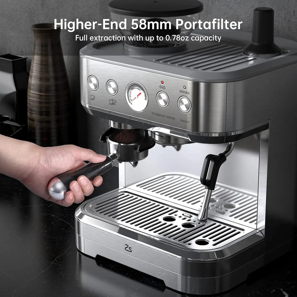 Espresso Machine Stainless Steel Coffee Machine with Milk Frother& Grinder 15 Bar Pump 58mm Sieve Handle Cappuccino Latte Maker