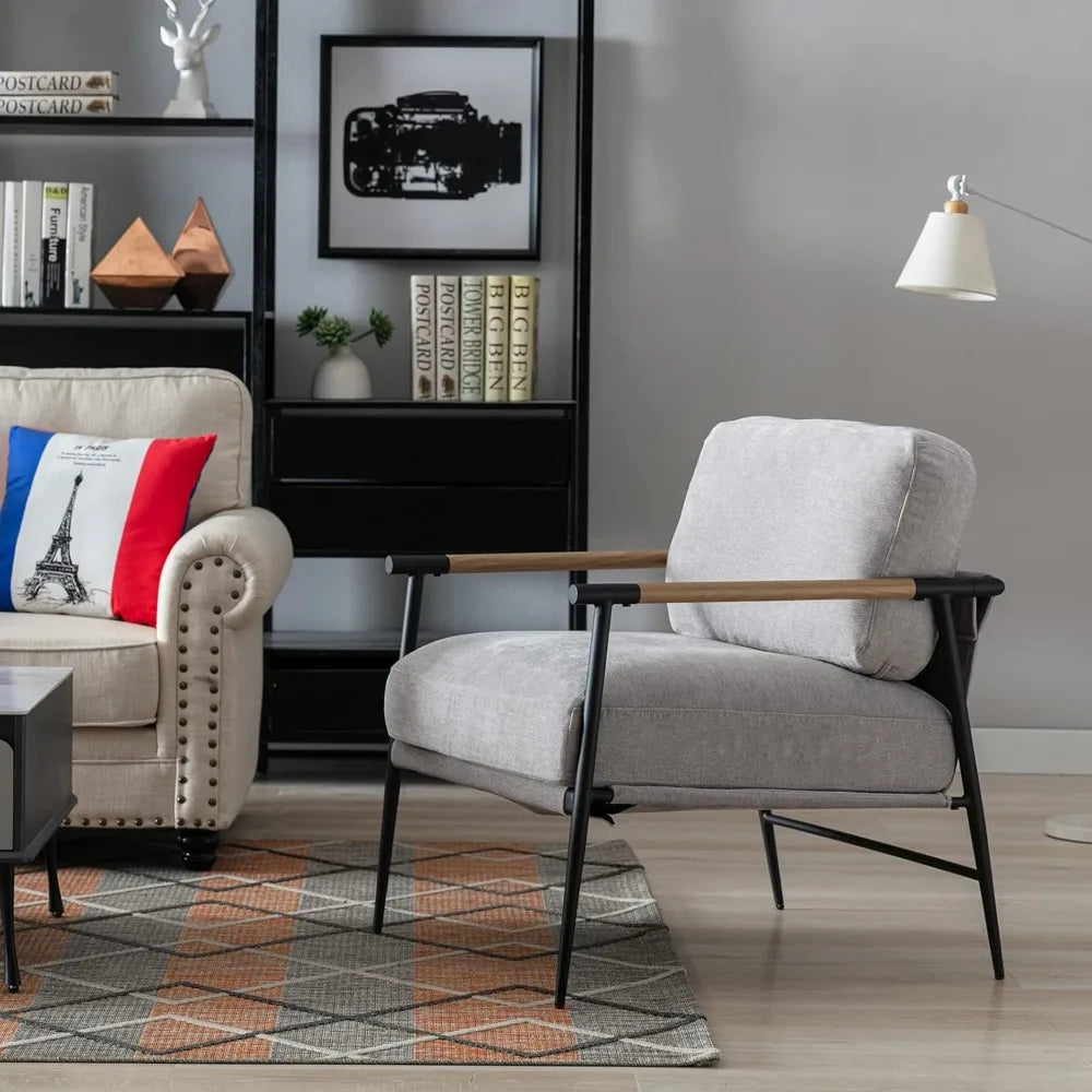 Mid-Century Modern Accent Chair Armchair, Soft Linen Fabric Sofa Lounge Chair Reading Chair with Metal Leg for Living Roo