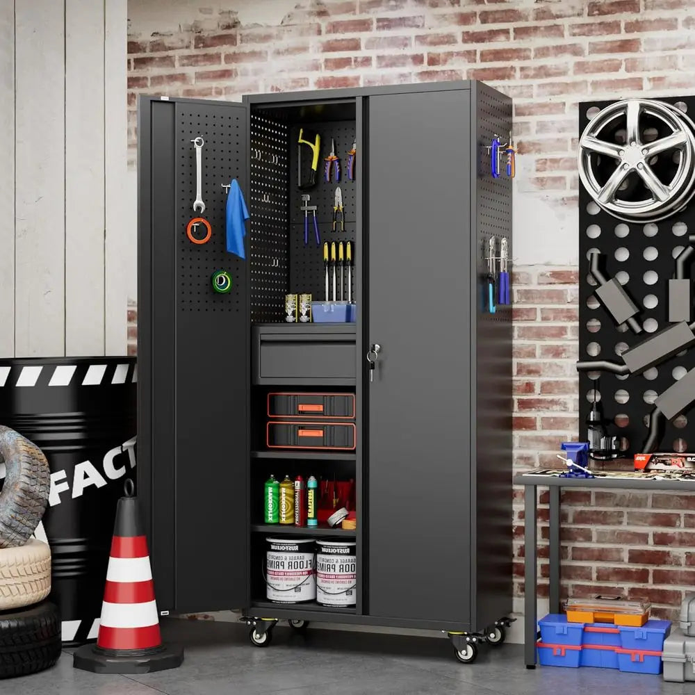 71 Metal Garage Storage Cabinet with 16 Hooks, Pegboards, and Adjustable Shelves, 1 Rolling Tool Cabinet for Garage or Warehouse