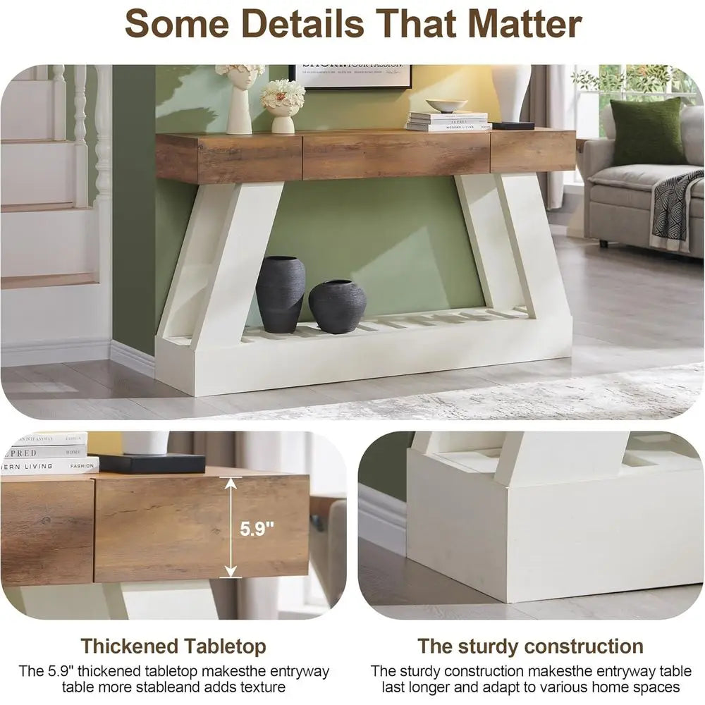 60 Antique White Armhouse Console Table for Narrow Entryways, Behind Sofa in Living Rooms and Halls