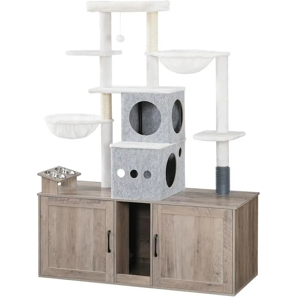 Cat Tree with 47.2 Dual Litter Box Enclosure, 63.4 Tall Multi-Functional Tower for Cats, Hidden Litter Box Enclosure Furniture,