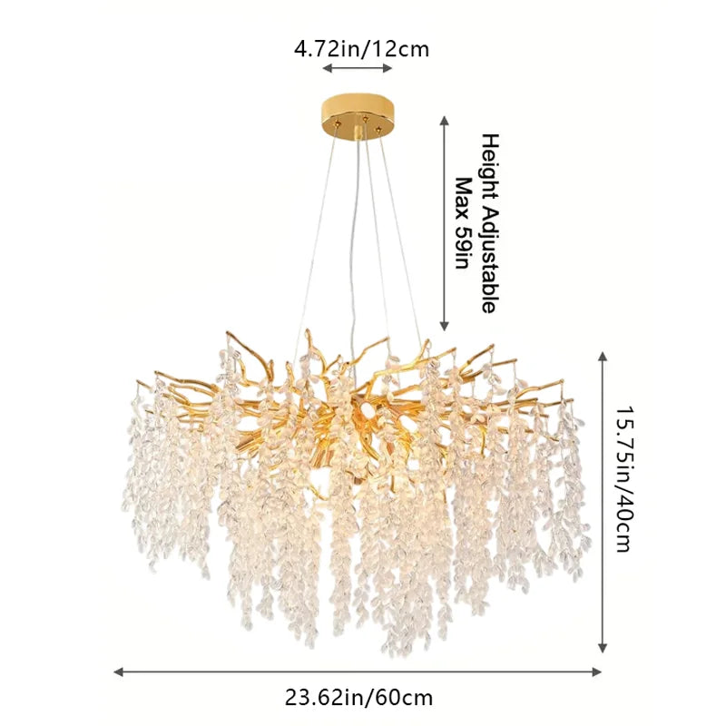 Modern golden crystal pendant light, 23.62 inch dimmable hanging raindrop pendant light, suitable for living rooms/entrances