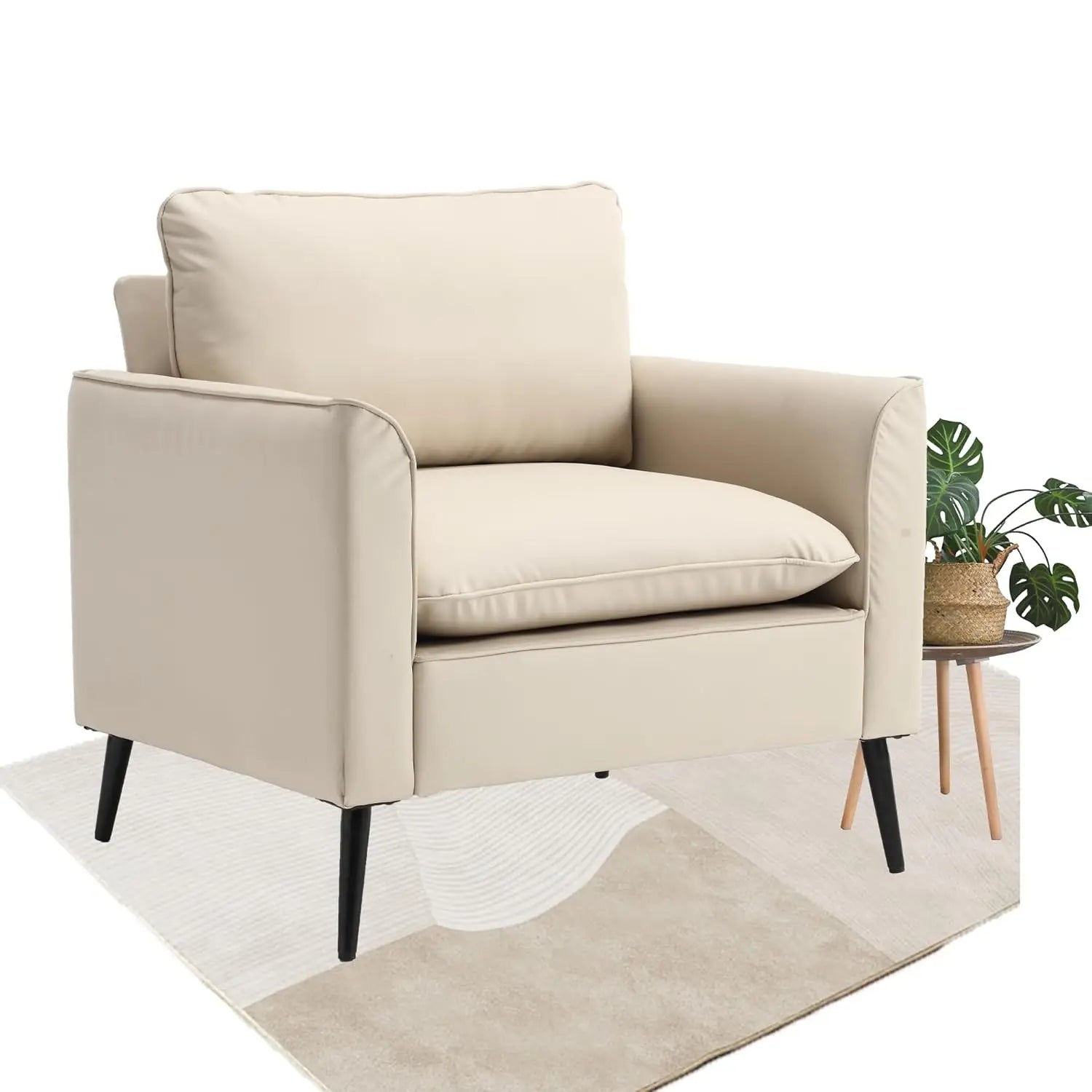 Mid-Century Accent Chair PU Leather Metal Legs Bedroom Office Cafe Beige Customized