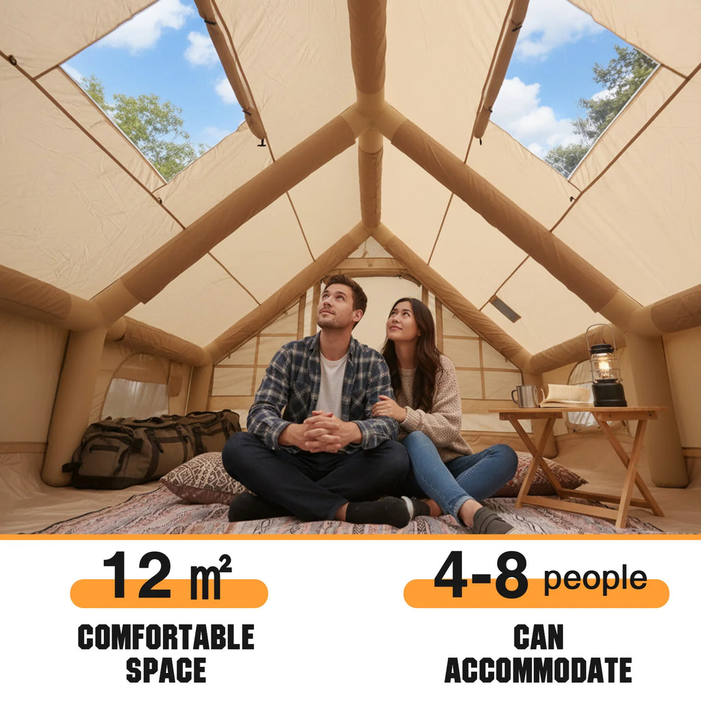 Inflatable Camping Tents with Mesh Windows & Pump 4 Season Big House 130 Square Feets with Stove Jack for Outdoor Hiking Camping