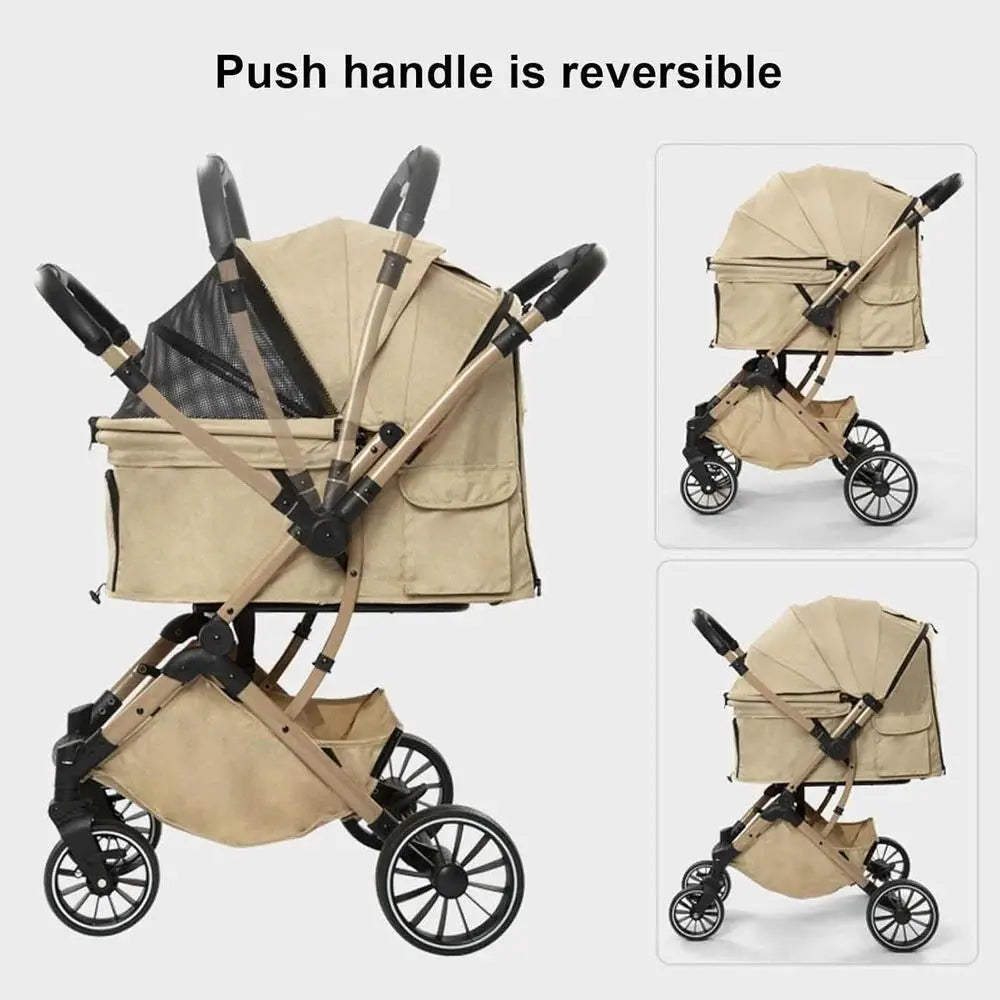 4-Wheel Pet Stroller with Sunshade, Storage, and Safety Belt for Small to Medium Dogs and Cats, Khaki