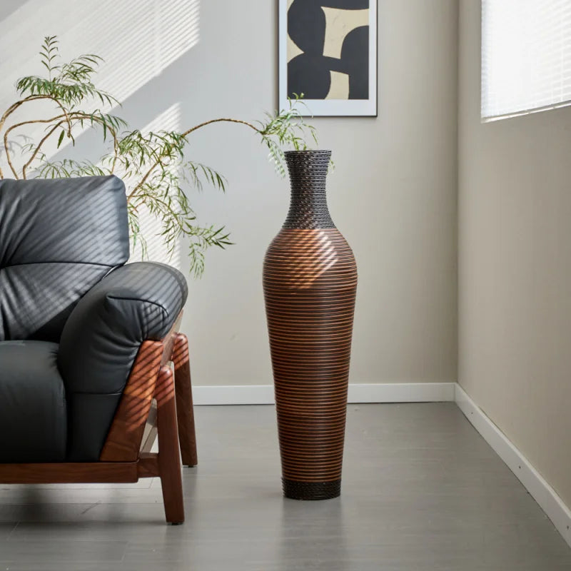 39 Inch Tall Black Gray PVC Rattan Floor Vase Hand-Woven Decorative Vase For Outdoor Farmhouse Boho Style For Home Decor Living