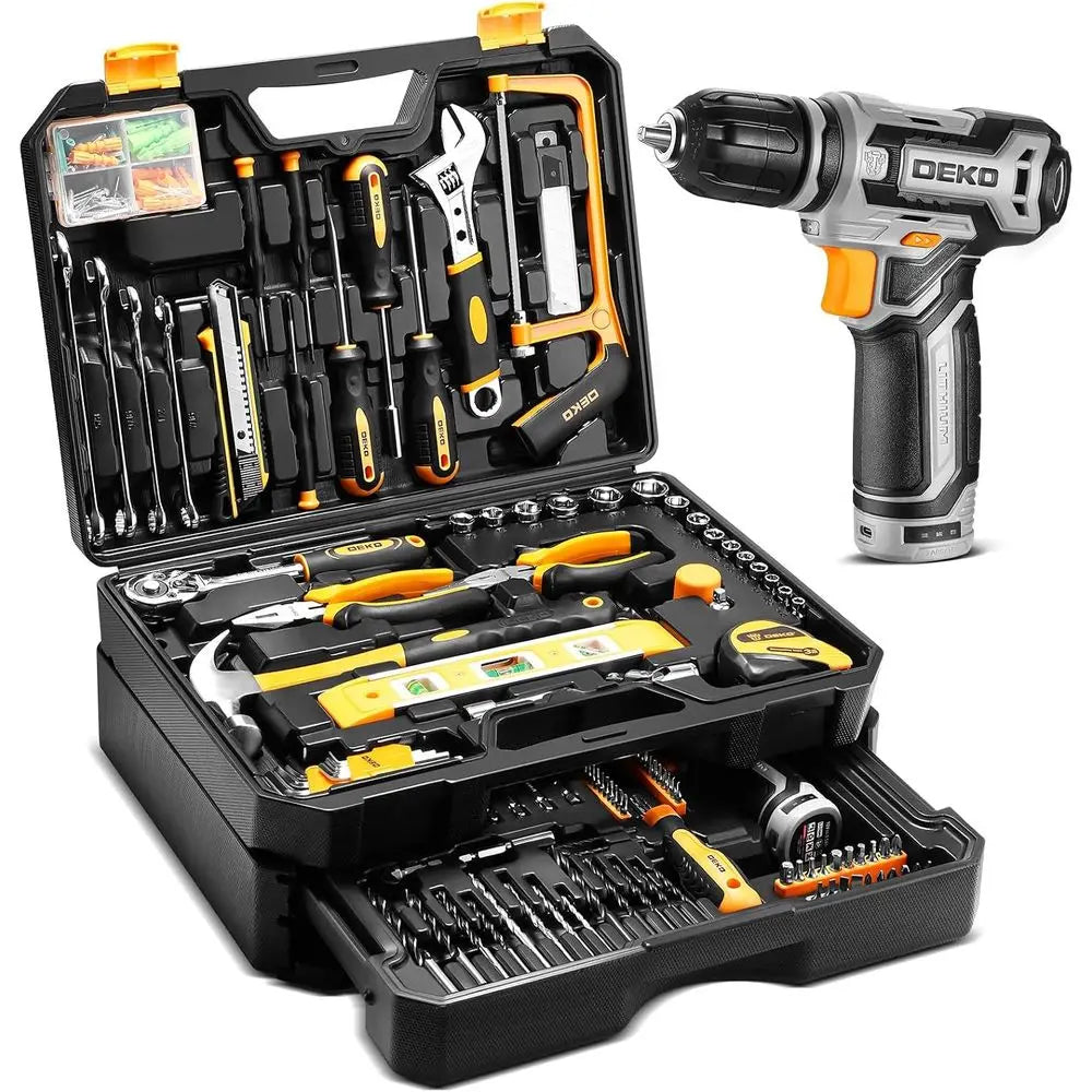 Tool Kit Box Drill Set：Home Mechanic Toolbox with 12V Power Cordless Drill Hand Repair Tools Sets Combo Kits Storage Organizer D