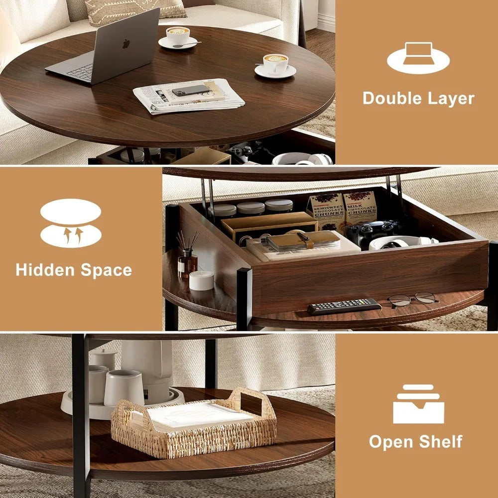 Round Lift Top Coffee Table with Wheels, Circle Center Table with Storage and Compartment, 26.77’’ Rolling Coffee Table