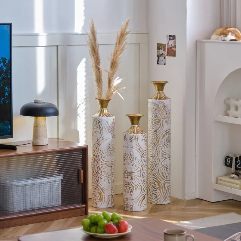 Home Decoration Set 3 White Glazed Metal Floor Vases 24in/28.7in/33.5in Height Elegant Living Room Decor Shipping From USA