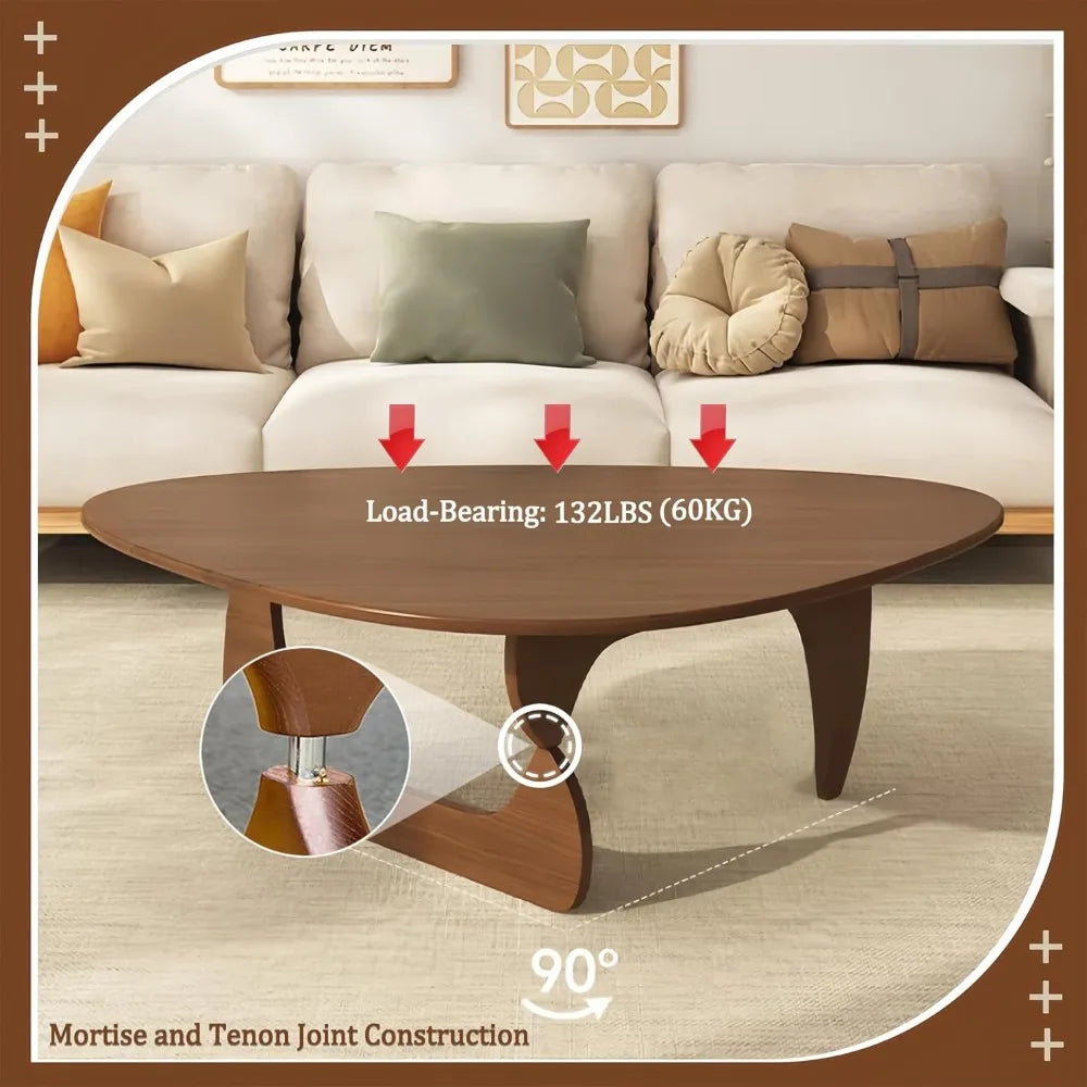 Coffee Table, Mid Century Modern Triangle Coffee Table for Living Room, Rustic Solid Wood Legs and Tabletop, Farmhouse Walnut.