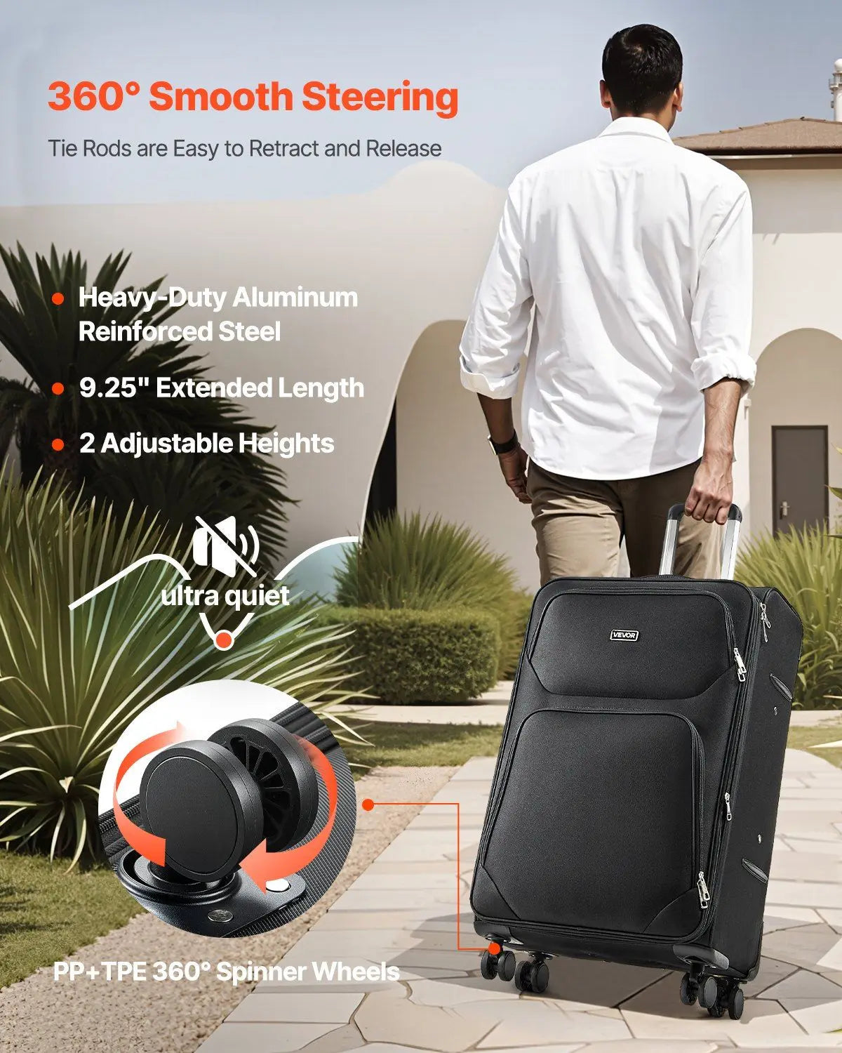 28Inch Lightweight Softside Luggage, Full-Lined 230D Interior, Smooth Glide Spinners, Auto-Expansion, Black