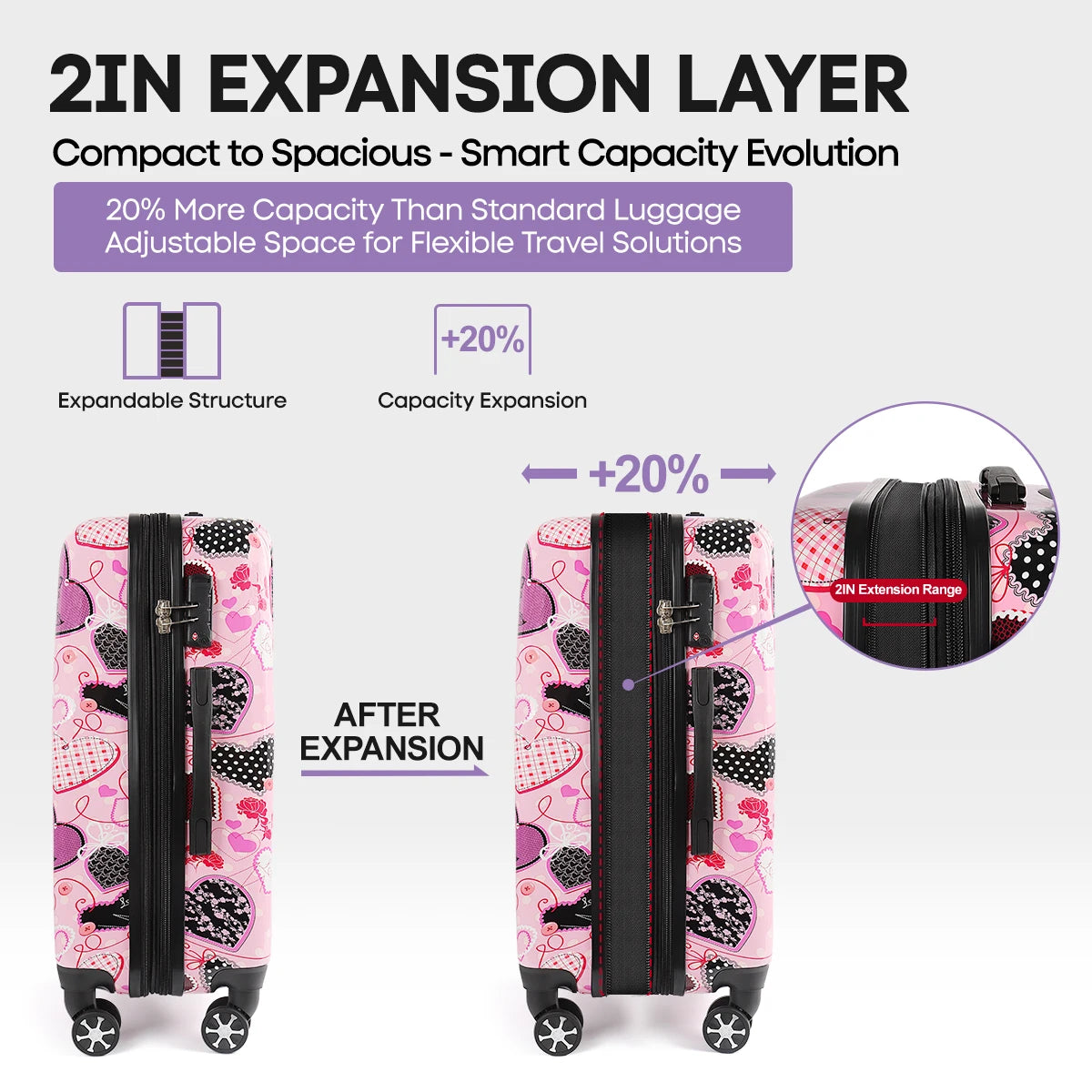 3 Piece Luggage Set Hardshell Expandable Suitcase with Spinner Wheels &TSA Lock Print Lightweight Travel Suitcase Set-20"/24"/28