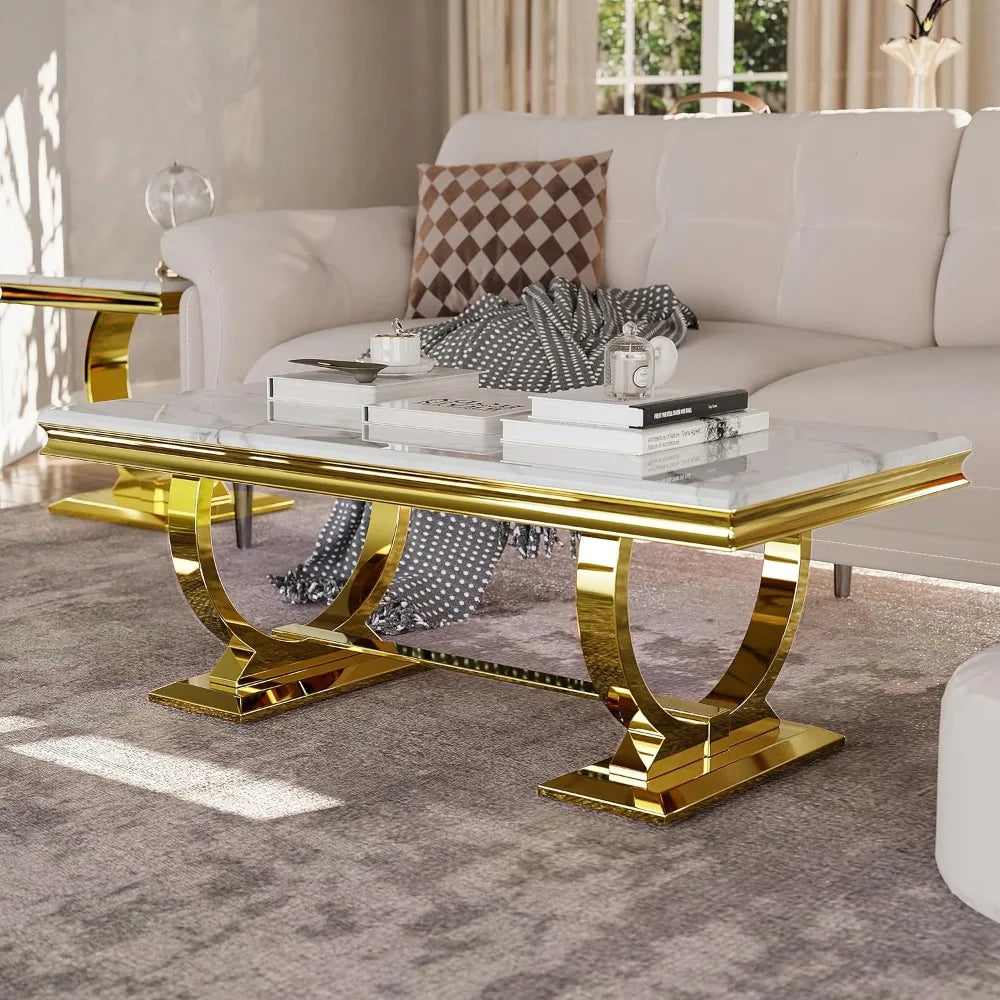 Gold Coffee Table, White and Gold Rectangle Living Room Tea Table, for Living Room, Elegant Coffee Table