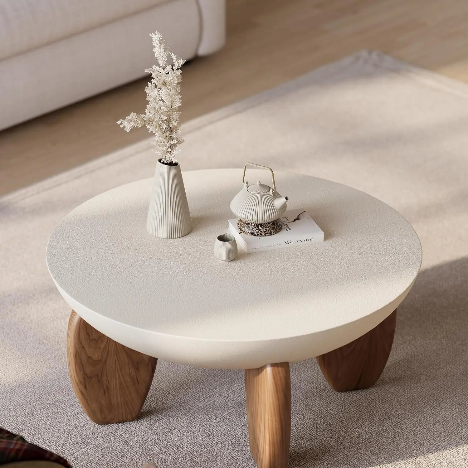 Round Concrete Coffee Table with Premium Walnut Ash Wood Legs, Modern Minimalist Cement Finish Center Table for, Customized
