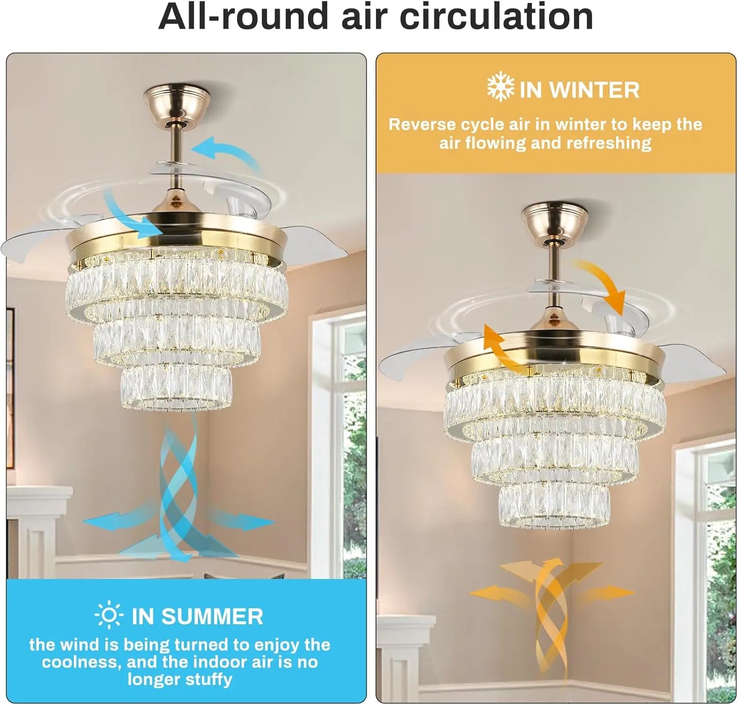 42'' Dimmable Chandeliers Fan, Crystal Ceiling Fan with Lights with APP & Remote Control, Gold Fandelier Ceiling Fan, 3 Color Ch