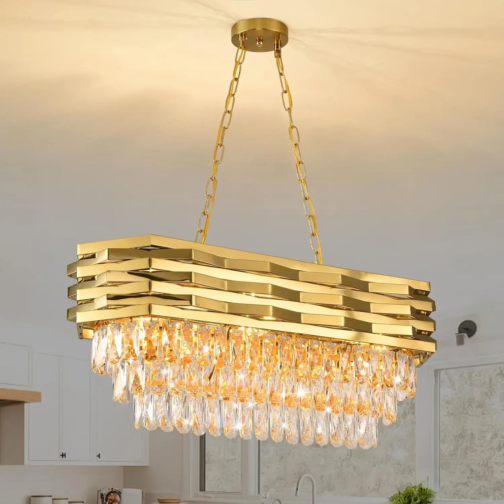 Modern Gold Crystal Chandelier,Oval Semi-Flush Mount Linear 3-Tier K9 Crystal Chandelier- dining room/kitchen island/living room