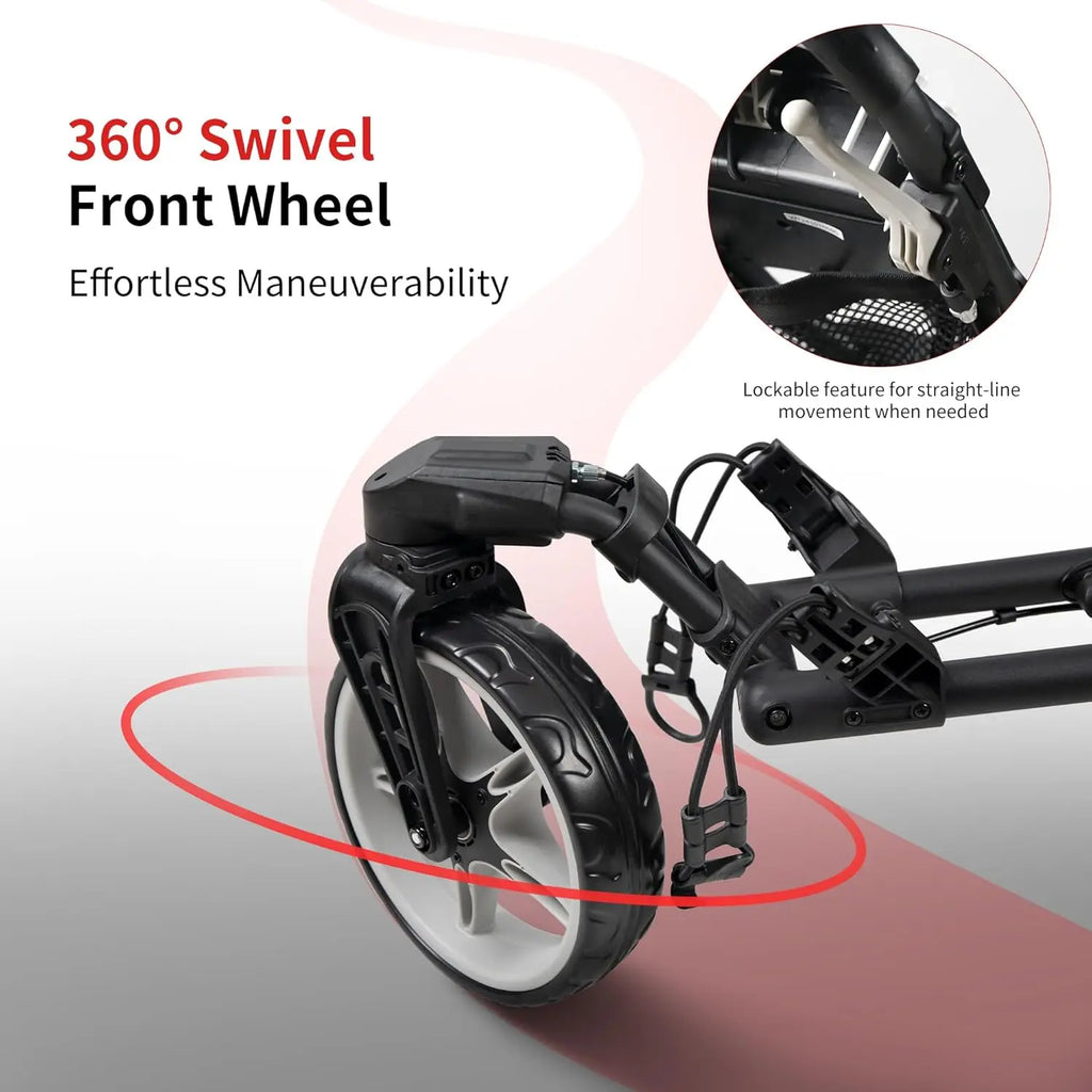 Lightweight 3-Wheel Foldable Golf Push Cart with One-Click Folding, 360° Swivel Front Wheel, Adjustable Handle & Accessories