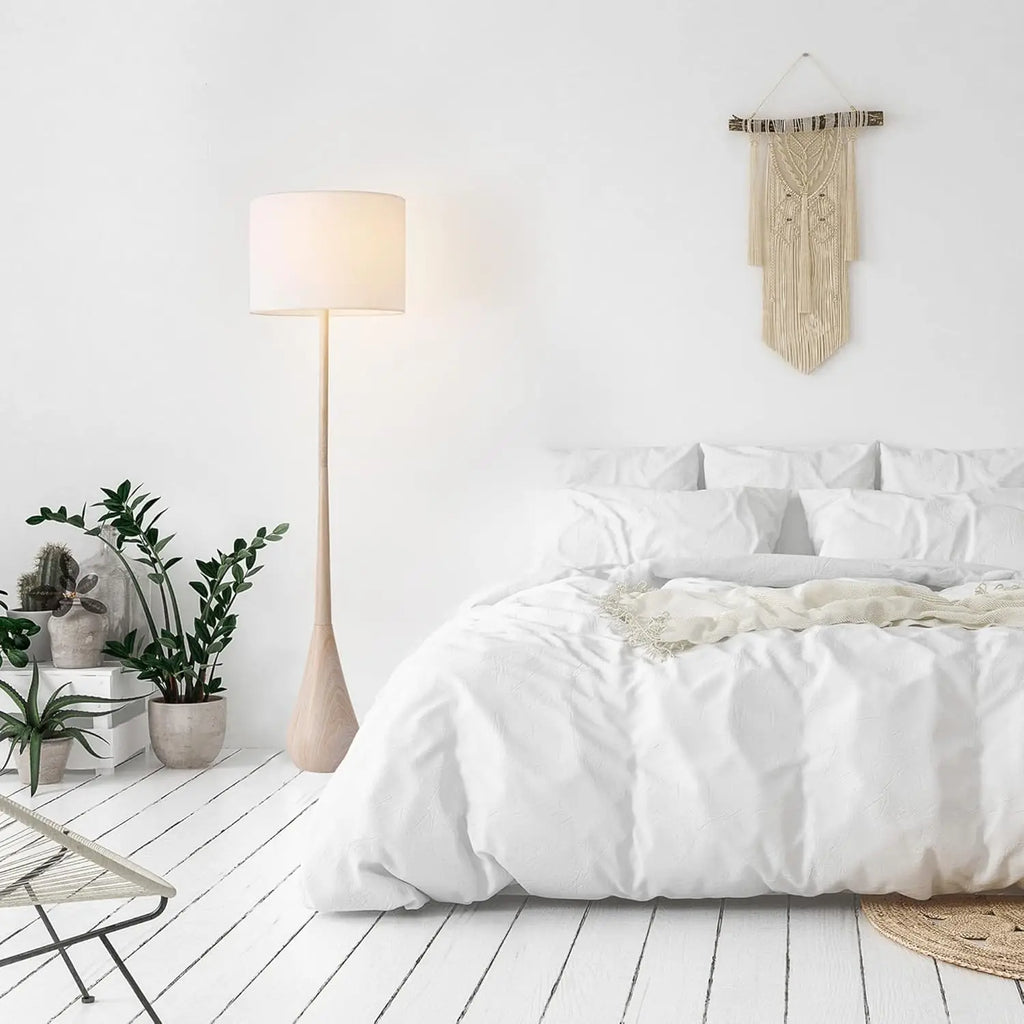 65" Japandi Floor Lamp with Wood-Toned Finish, White Cotton Shade, E26 Base, On/Off Switch, 5-Ft Cord