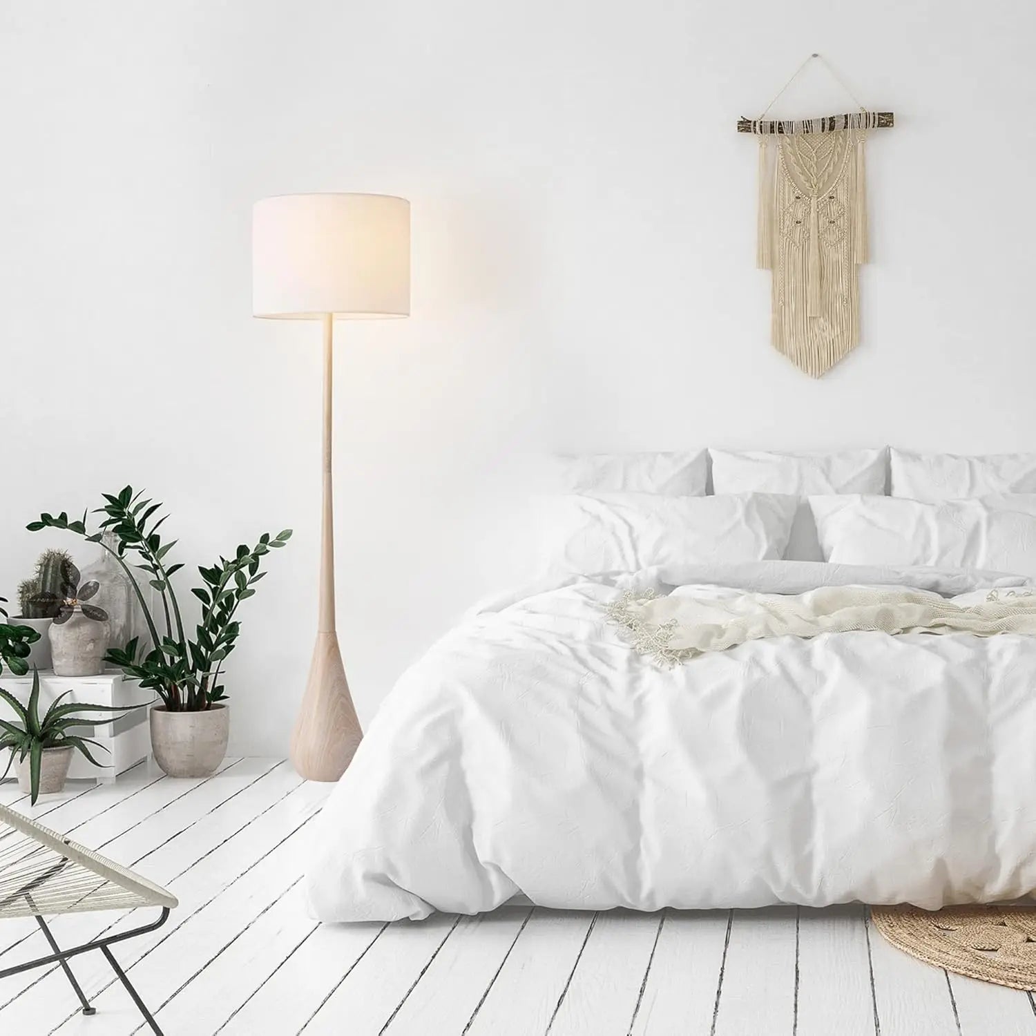 65" Japandi Floor Lamp with Wood-Toned Finish, White Cotton Shade, E26 Base, On/Off Switch, 5-Ft Cord